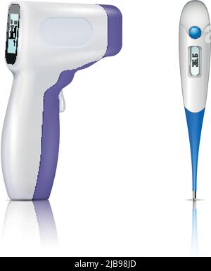 Infrared contactless thermometer realistic set with isolated images of electronic thermometers with reflections on blank background vector illustratio Stock Vector