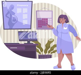 In vitro fertilization flat composition with character of female doctor pointing to information slide about pregnancy vector illustration Stock Vector