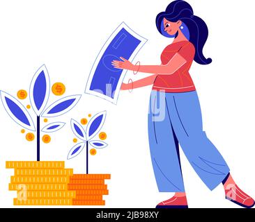 Crowdfunding composition with doodle woman and money plants growing from coins vector illustration Stock Vector