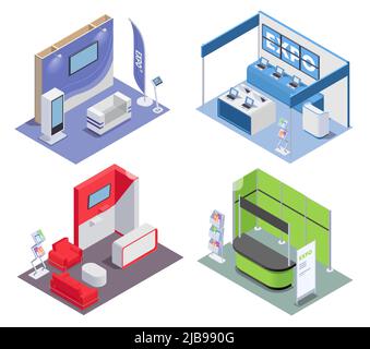 Isometric 2x2 design concept with empty expo stands in rooms for exhibition and promotion 3d isolated vector illustration Stock Vector