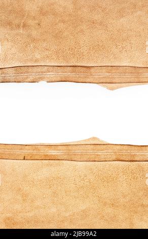 Two pieces of brown leather with a space for text isolated on white background. Stock Photo