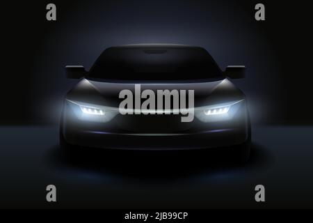 Car headlights realistic composition stylish black car with headlights shining in the dark vector illustration Stock Vector