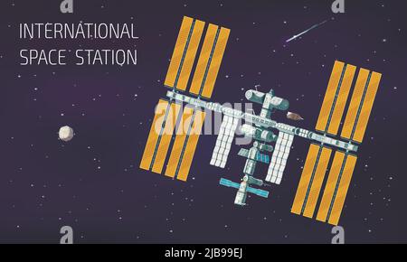 Flat orbital international space station illustration station in space near planet and comet vector illustration Stock Vector