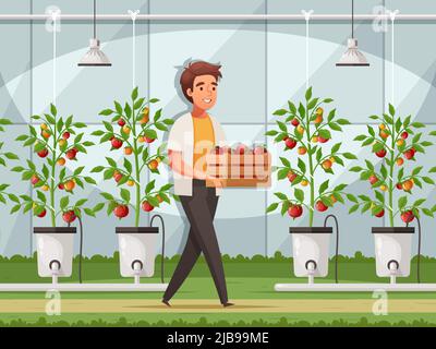 Greenhouse farming with production technology and selling symbols cartoon vector illustration Stock Vector