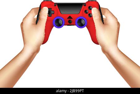 Video game realistic design concept with wireless gamepad controller in human hands on white background vector illustration Stock Vector