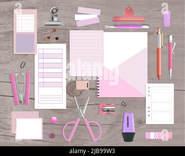 Office supply products realistic pink violet mockup items with scissors stapler notepads grey wood background vector illustration Stock Vector