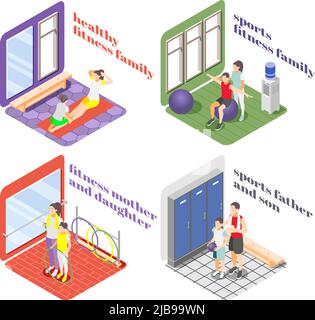 Healthy lifestyle 2x2 design concept with family members engaged in fitness and sport isometric vector illustration Stock Vector