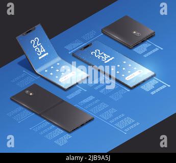 Foldable gadgets concepts isometric mockup composition with realistic images of new smartphone models with text captions vector illustration Stock Vector