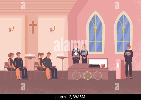 Funeral flat composition with indoor church scenery and pastor performing funeral service for deceased persons friends vector illustration Stock Vector