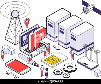 Isometric web hosting colored concept with different elements of hosting and digital tools vector illustration Stock Vector