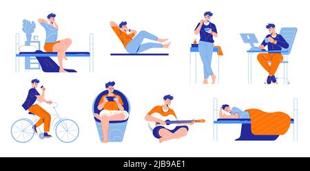 Man daily routine set of isolated icons with male human characters during working and leisure activities vector illustration Stock Vector