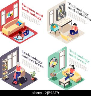 Women and technology 2x2 design concept set with female characters of different age using gadgets in everyday life isometric vector illustration Stock Vector