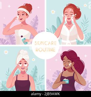 Skincare routine concept 4 cartoon compositions square with woman washing cleansing face applying nourishing cream vector illustration Stock Vector