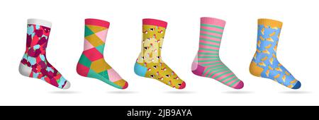 Realistic multicolored woman socks set with 5 various of patterns on white background isolated vector illustration Stock Vector