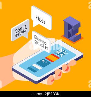 Language courses isometric background composition with learning spanish real life conversation online hand holding smartphone vector illustration Stock Vector