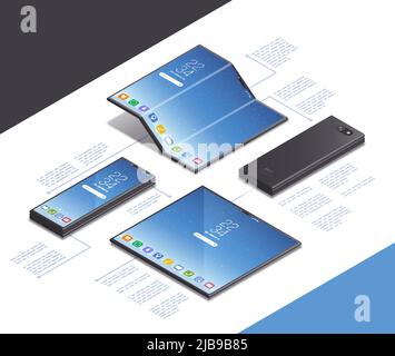Foldable gadgets concepts isometric mockup composition with text captions and realistic images of futuristic smartphone models vector illustration Stock Vector