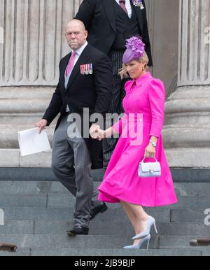 London, UK. 03rd June, 2022. LONDON, UK. June 3, 2022: Mike Tindall & Zara Tindall leaving the National Service of Thanksgiving to celebrate the Platinum Jubilee of Her Majesty The Queen part of the Platinum Jubilee celebrations, St Paul's Cathedral. Picture Credit: Paul Smith/Alamy Live News Stock Photo