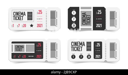 Realistic empty ticket cinema set with isolated images of coupons with printed barcode and seat number vector illustration Stock Vector