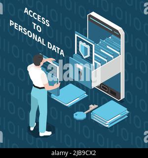 Digital privacy personal data protection isometric composition with human character and smartphone with lock and shield vector illustration Stock Vector