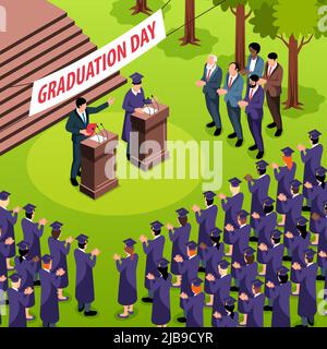 Isometric graduation composition with crowd of students in hats and speakers at tribunes with text placard vector illustration Stock Vector