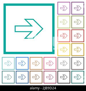 Right arrow outline flat color icons with quadrant frames on white background Stock Vector