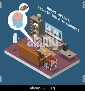 Technology for disabled people isometric composition with view of living room with gadgets controlled by brain vector illustration Stock Vector