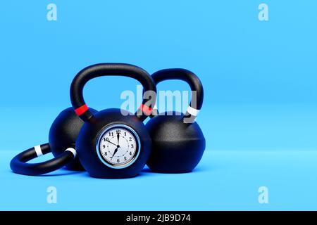 Training weights with clock  on blue isolated background. Dumbbells, kettlebell. Stock Photo