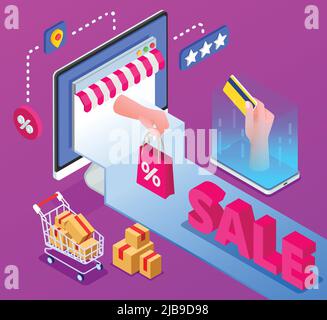 Online sale isometric colorful background with human hand holding plastic credit card bag with percent icon and cart with purchase boxes vector illust Stock Vector