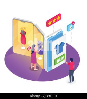 Online shopping isometric design concept with male and female characters choosing their own clothes online by smartphones vector illustration Stock Vector