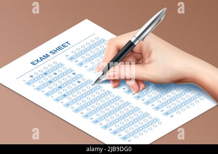 Realistic test paper hand pen composition with human hand filling out exam sheet with ball pen vector illustration Stock Vector