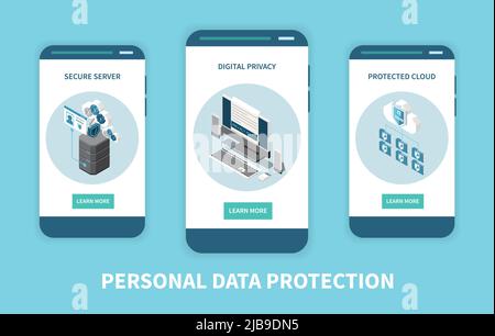 Set of three vertical digital privacy data protection banners with learn more buttons and isometric icons vector illustration Stock Vector