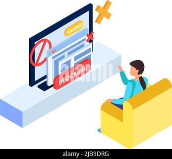Blocking internet sites icon with banned user and lock symbols 3d isometric vector illustration Stock Vector
