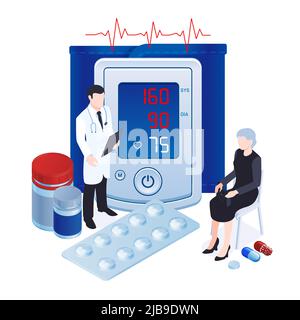 Digital blood pressure measuring tool monitor tonometer isometric composition with doctor prescribing hypertonic patient pills vector illustration Stock Vector