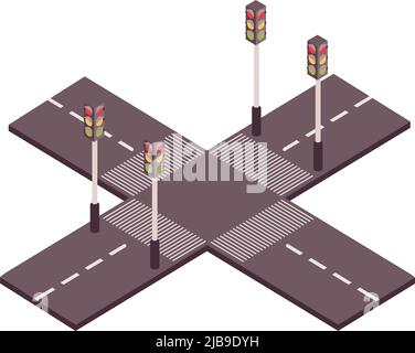 Road set isometric composition with view of road intersection with traffic lights and zebra crossings vector illustration Stock Vector