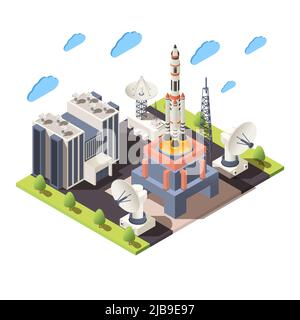 Space research 3d composition with command center launching rocket radars isometric vector illustration Stock Vector