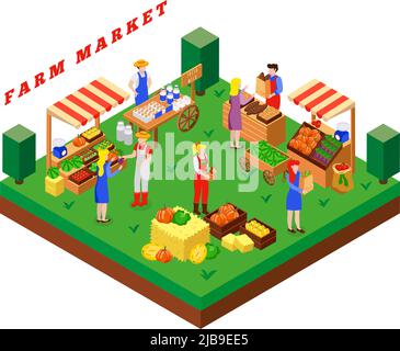 Farm local market isometric composition with text and square platform with people food products and tents vector illustration Stock Vector