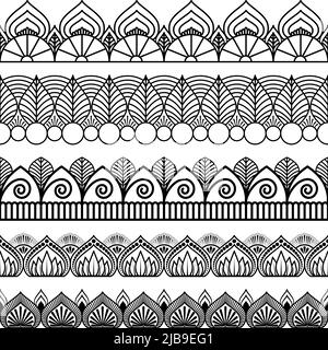 Set of seamless border ornament for design, Henna drawing and tattoo. Decorative pattern in ethnic oriental style. Stock Vector