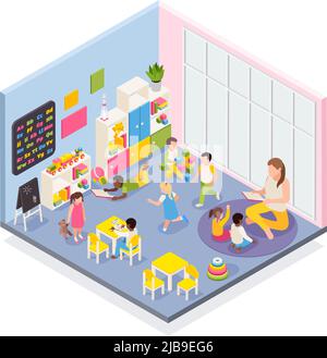 Kindergarten isometric composition with indoor view of room with playing kids and nursery teacher human characters vector illustration Stock Vector