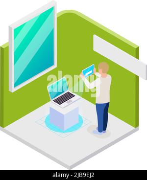 Modern technology products exhibition with visitor using tablet isometric composition 3d vector illustration Stock Vector