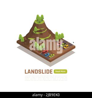 Colored isolated and isometric natural disaster concept with landslide description and button vector illustration Stock Vector