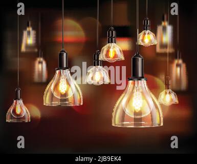 Vintage light bulbs realistic composition with blurry background and lots of hanging lamps with globe shades vector illustration Stock Vector