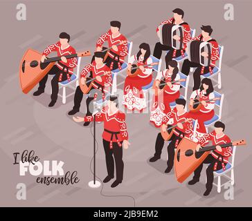 Folk ensemble performance isometric compositions with singer and musicians playing traditional instruments in national costumes vector illustration Stock Vector