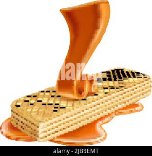 Wafer realistic composition with image of white wafer poured by caramel on blank background vector illustration Stock Vector