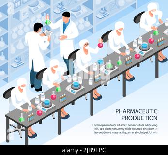 Group of scientists working on pharmaceutical production in laboratory 3d isometric vector illustration Stock Vector