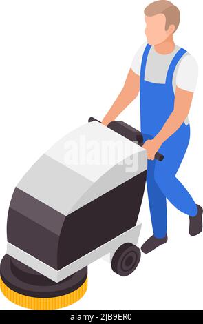 Professional cleaning service isometric composition with character of man operating cleaning machine on blank background vector illustration Stock Vector