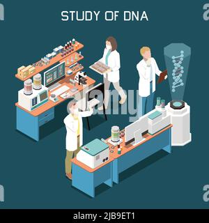 Scientists studying dna in genetics laboratory 3d isometric vector illustration Stock Vector
