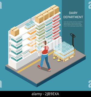 Dairy department concept with milk products in shop symbols isometric vector illustration Stock Vector