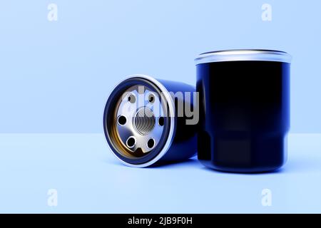 Black fuel filter car on blue background. 3d illustration. Car Repair Parts Stock Photo