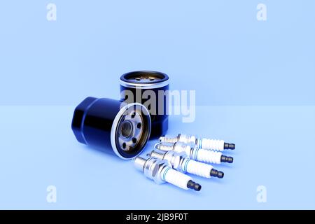 Black fuel filter car and spark plugs on blue background. 3d illustration. Car Repair Parts Stock Photo