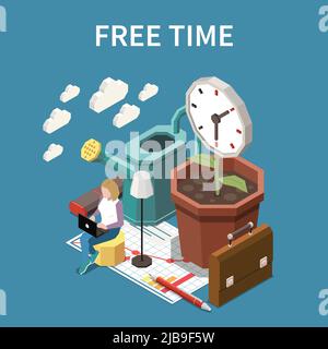 Free time concept with life balance symbols isometric vector illustration Stock Vector